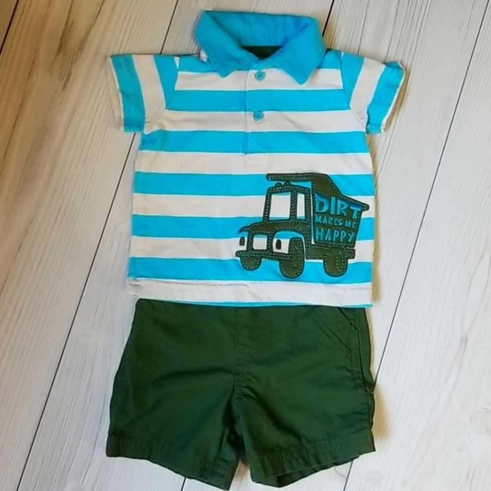Just one year blue white stripe collared shirt/green short set 3 mo
